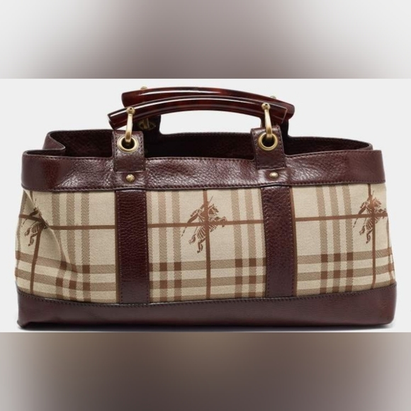Burberry Brown/Beige Haymarket Check Canvas and Leather Middle Zip Tote - Picture 3 of 13